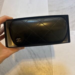 Chanel Sunglasses Case Black Quilted Leather Hard Clam Shell w/ CC Logo